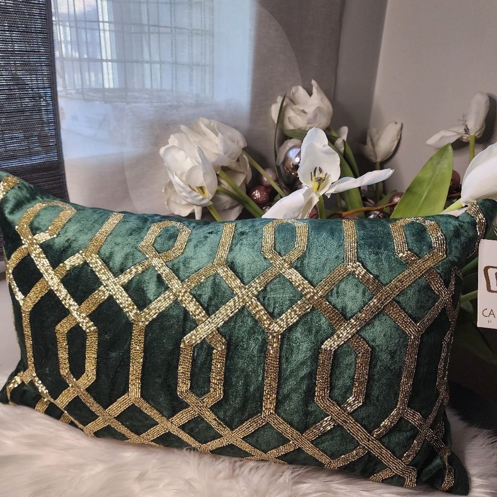 CALLISTO HOME  BEADED CALFHAIR HIDE Green FOIL LUMBAR DECORATIVE THROW PILLOW